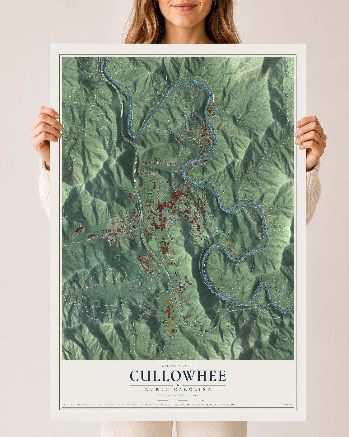 Map of Cullowhee, North Carolina, 24 x 36 inch unframed archival matte print