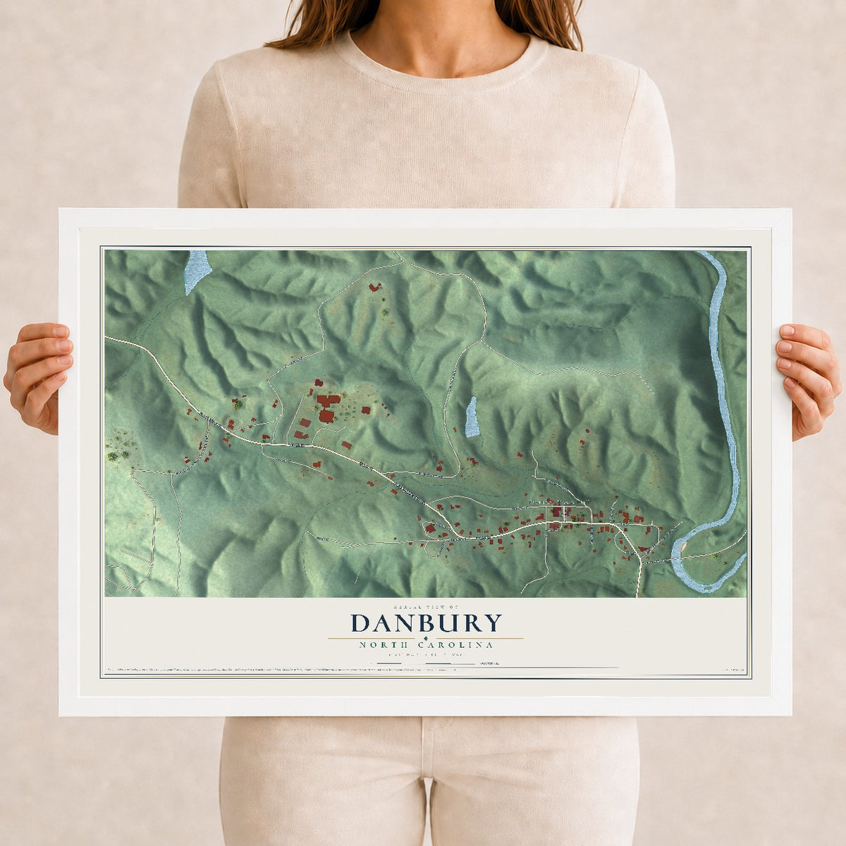 Map of Danbury, North Carolina, 12 x 18 inch print in a white wood frame