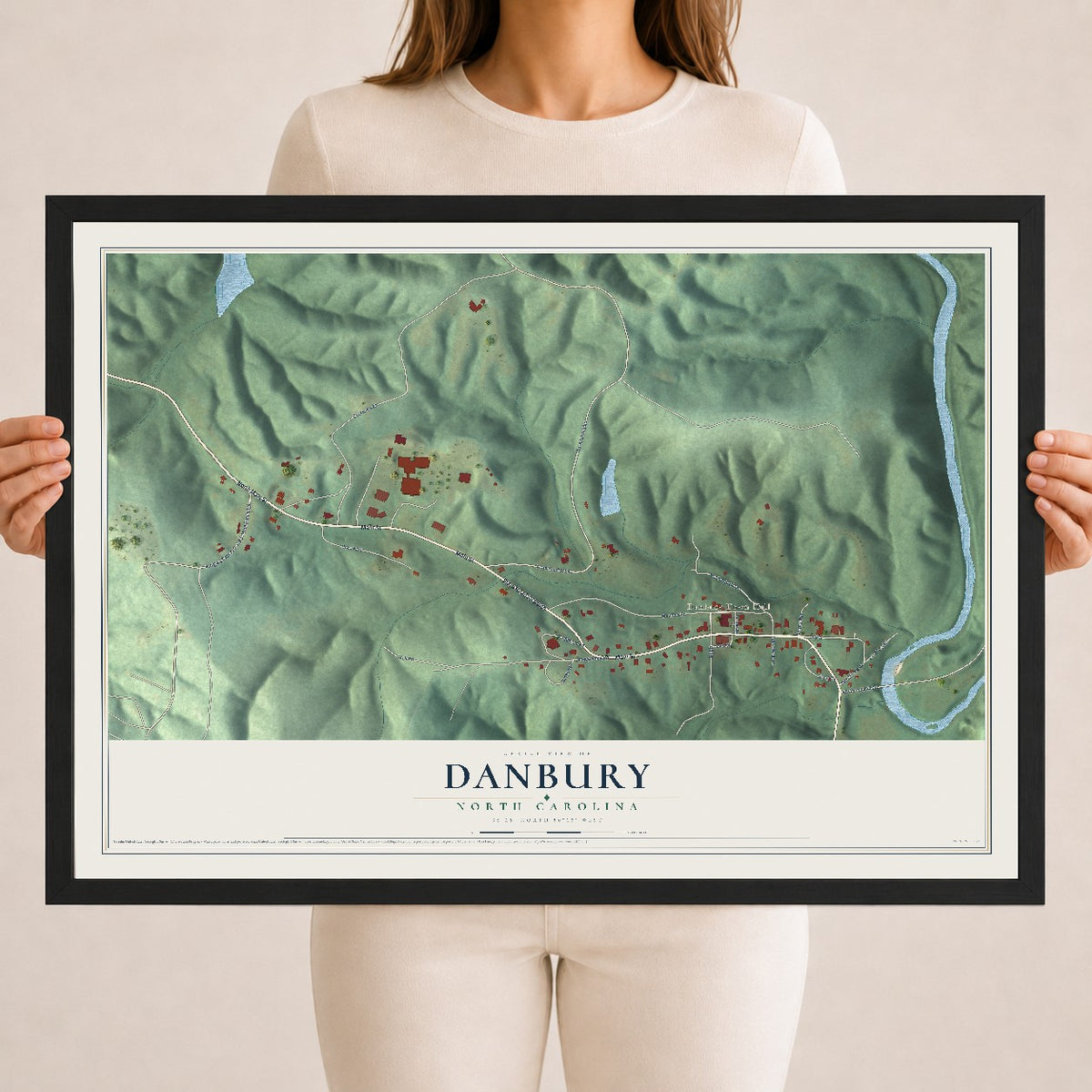 Map of Danbury, North Carolina, 18 x 24 inch print in a black wood frame