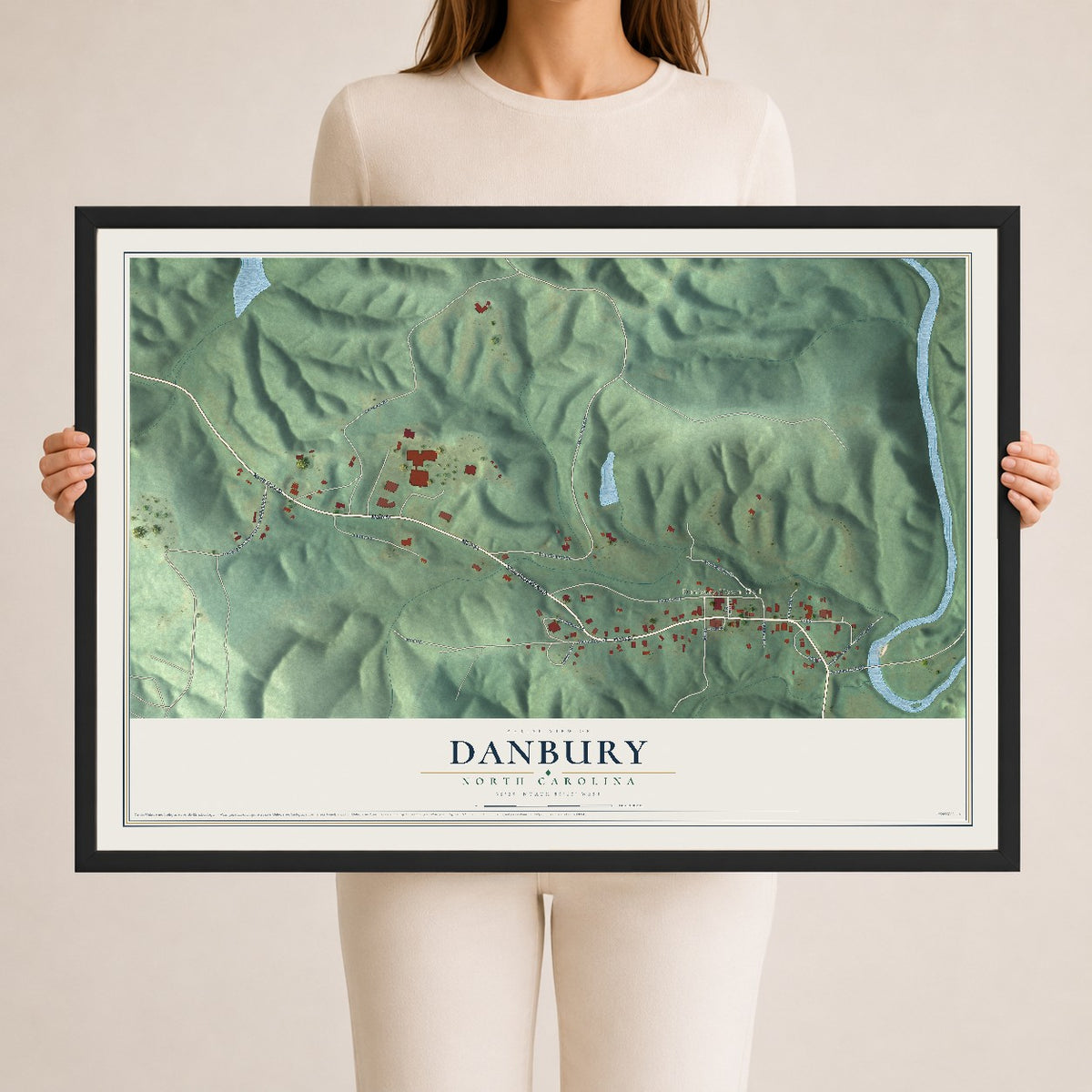 Map of Danbury, North Carolina, 24 x 36 inch print in a black wood frame