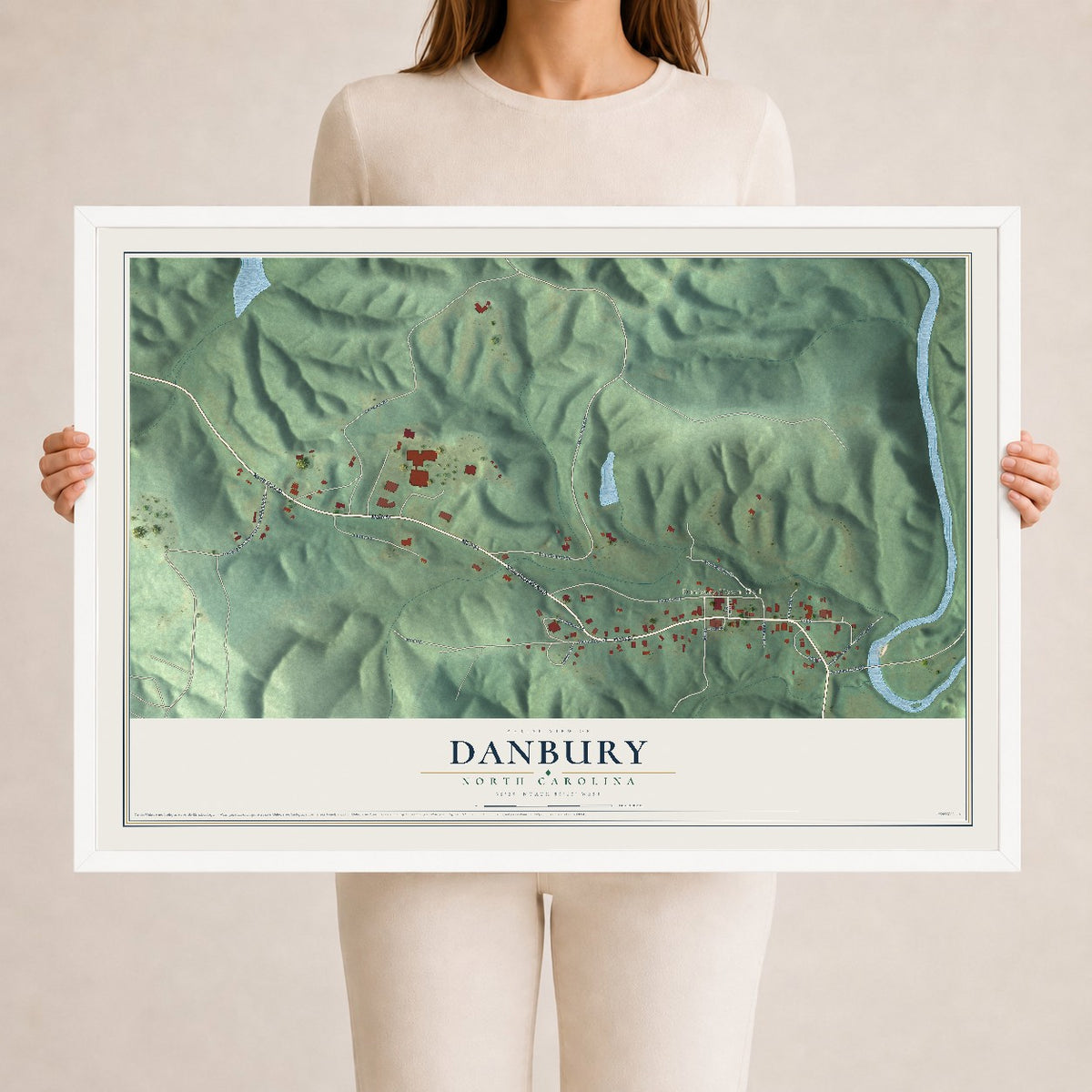 Map of Danbury, North Carolina, 24 x 36 inch print in a white wood frame