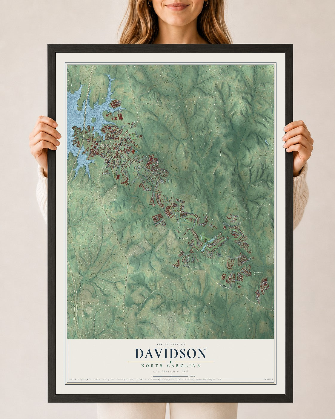 Map of Davidson, North Carolina, 24 x 36 inch print in a black wood frame