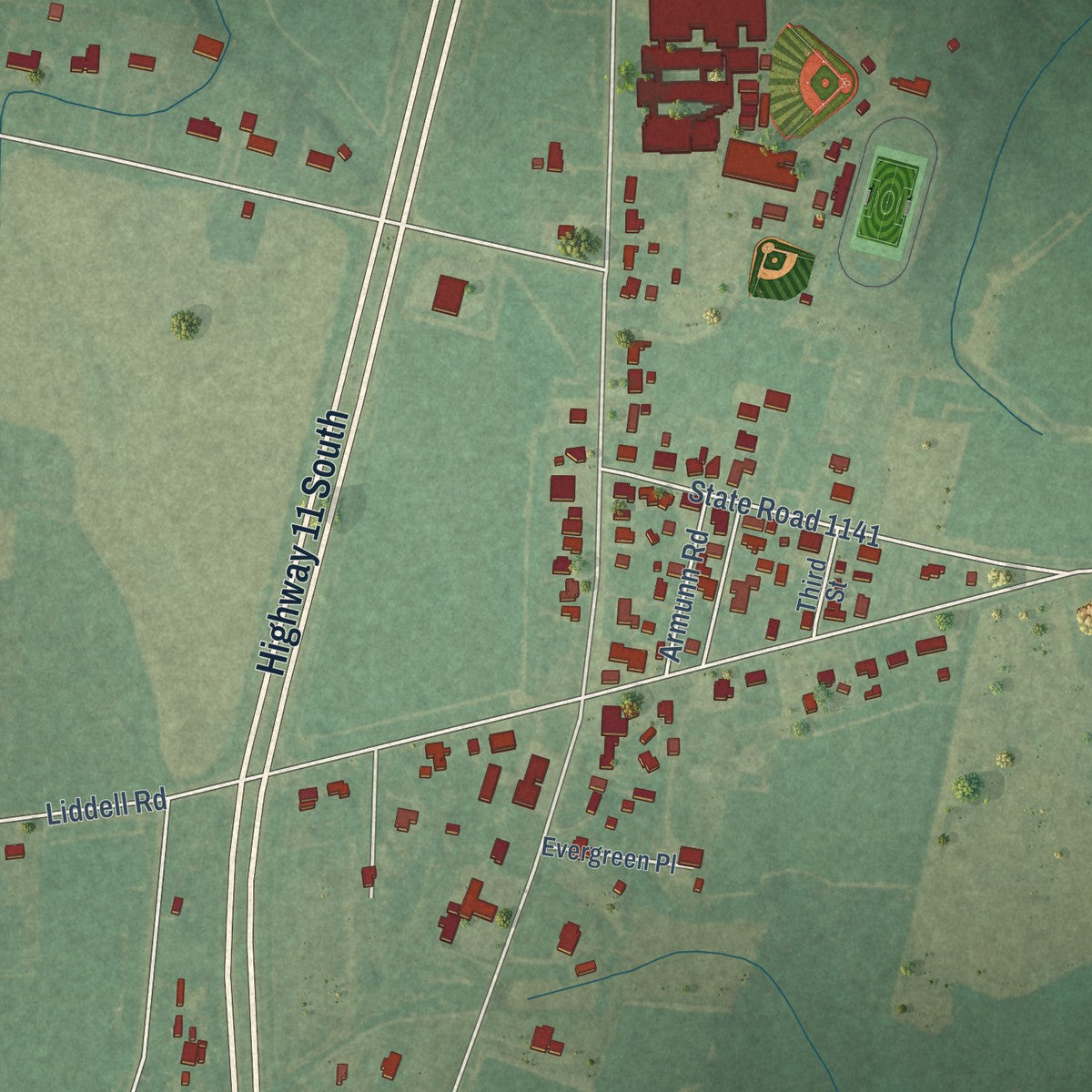 Close-up of the map of Deep Run, North Carolina print showing street and building detail