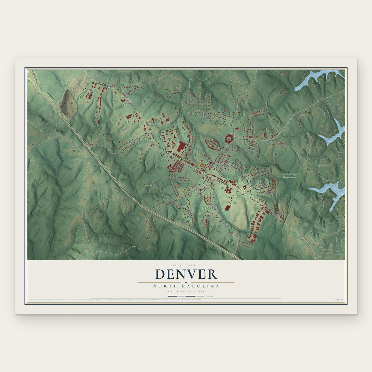 Denver, North Carolina map print, the full design