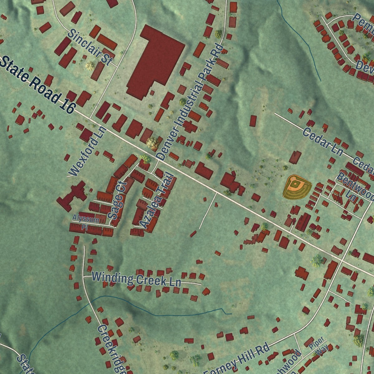 Close-up of the map of Denver, North Carolina print showing street and building detail