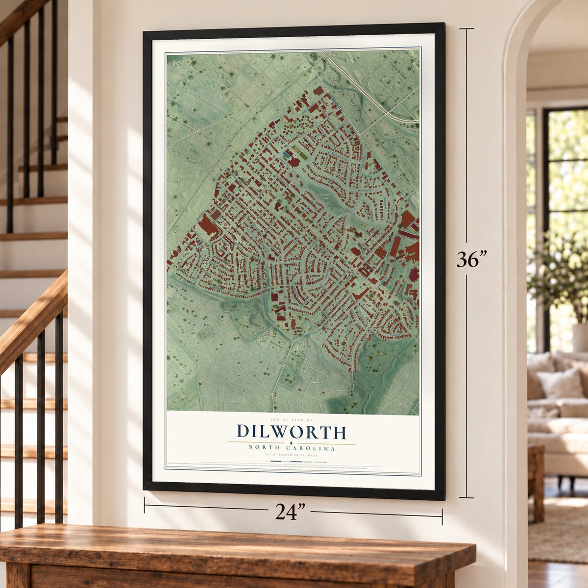 Dilworth, North Carolina map, 24 x 36 inch print in a black frame by a staircase