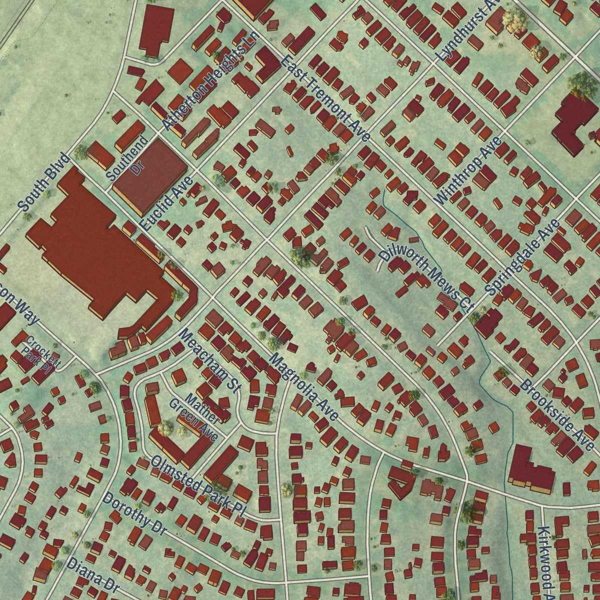 Close-up of the map of Dilworth, North Carolina print showing street and building detail