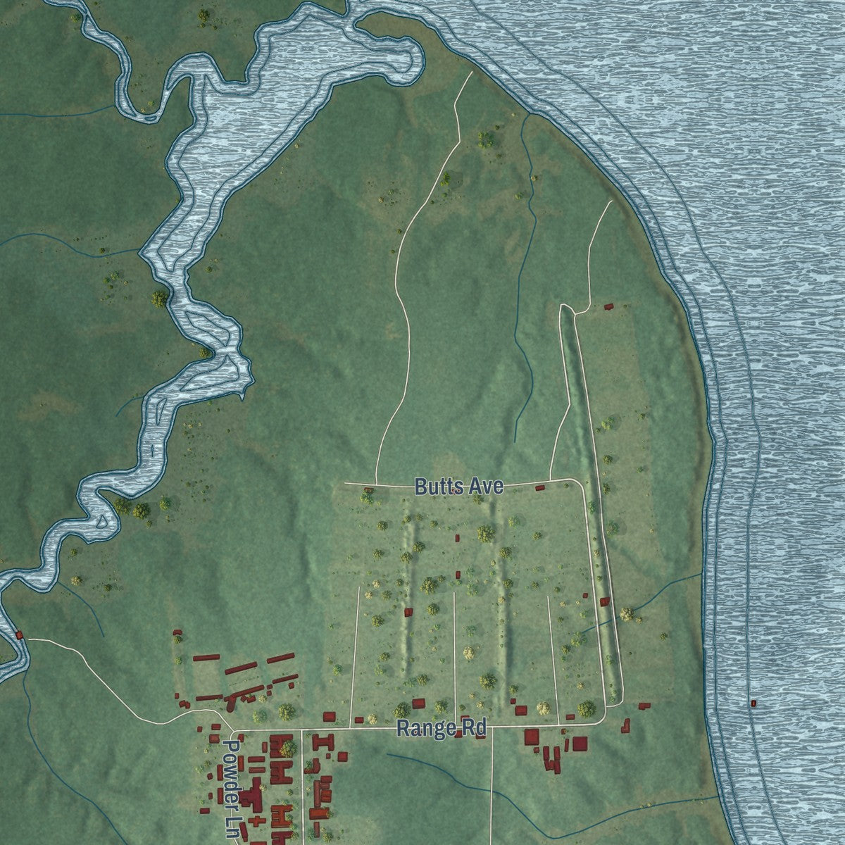 Close-up of the map of Dixon, North Carolina print showing street and building detail
