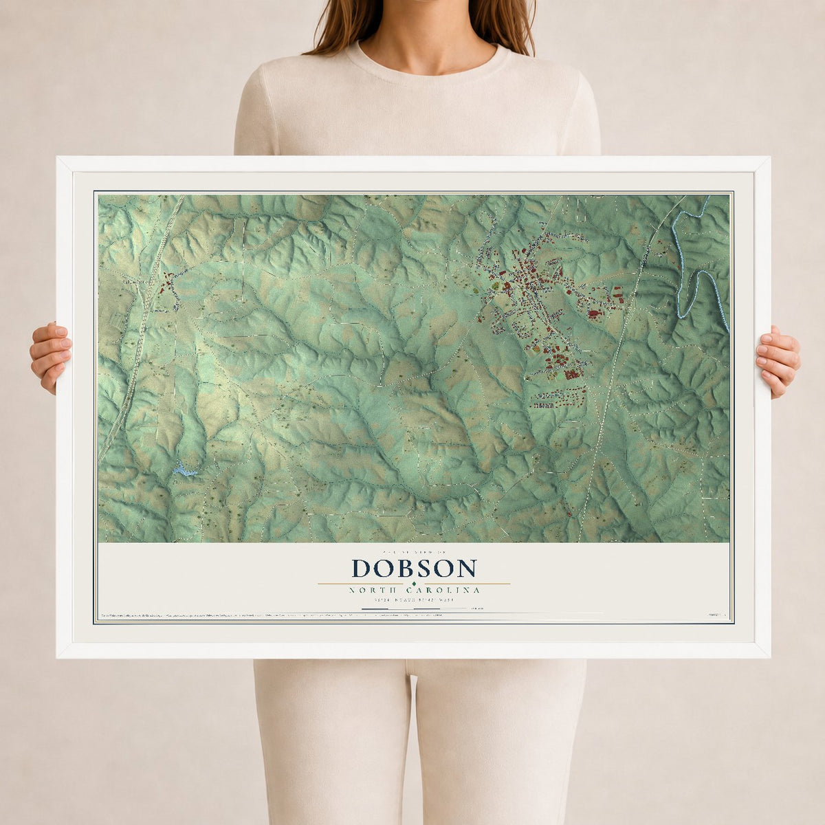 Map of Dobson, North Carolina, 24 x 36 inch print in a white wood frame
