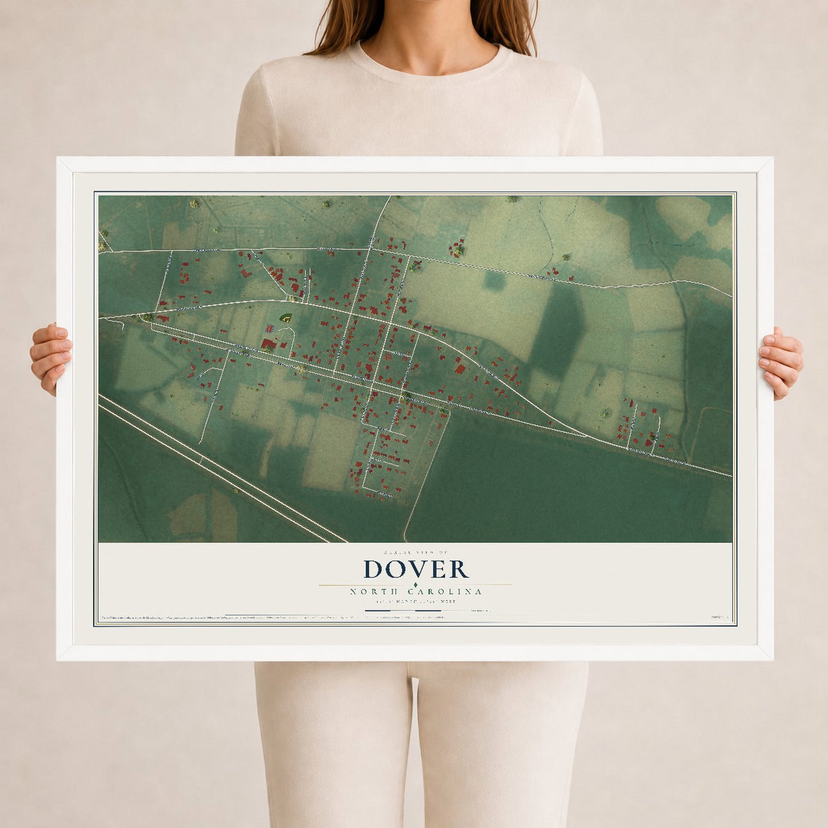 Map of Dover, North Carolina, 24 x 36 inch print in a white wood frame