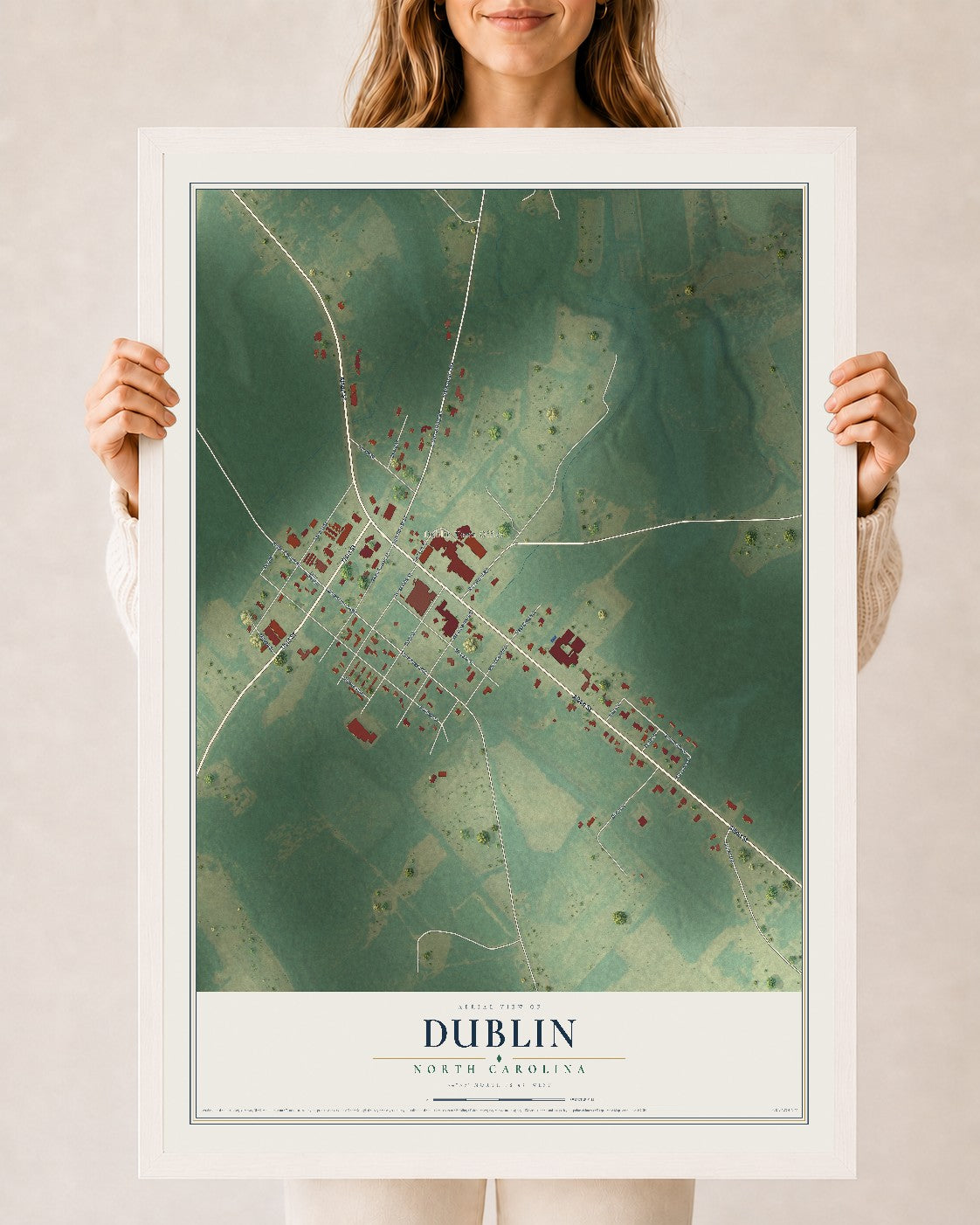 Map of Dublin, North Carolina, 24 x 36 inch print in a white wood frame