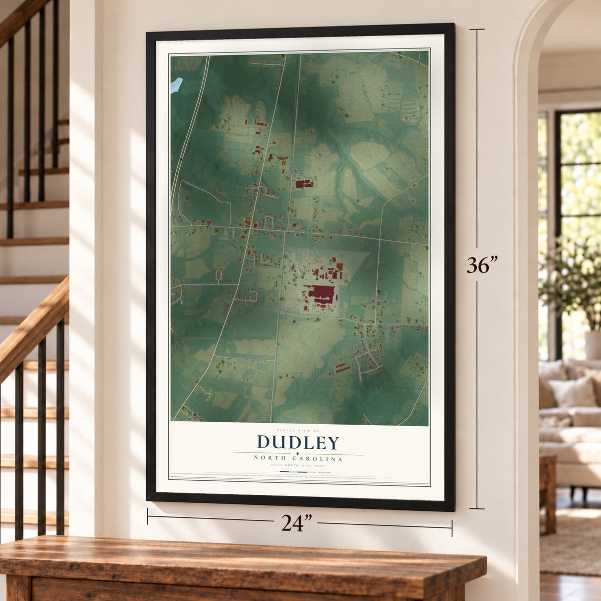 Dudley, North Carolina map, 24 x 36 inch print in a black frame by a staircase