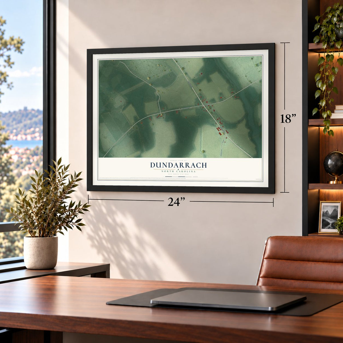 Dundarrach, North Carolina map, 18 x 24 inch print in a black frame in a home office