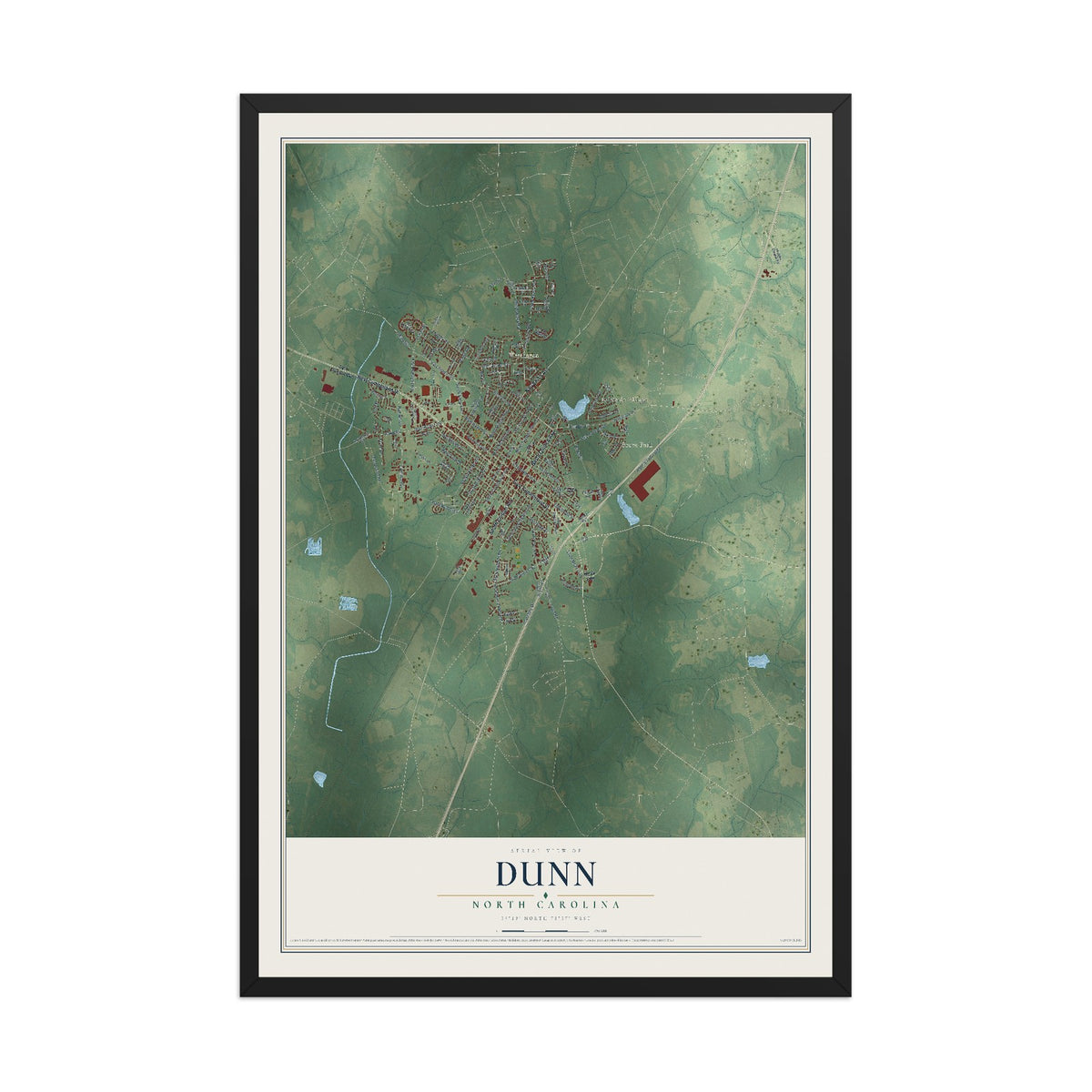 Map of Dunn, North Carolina, 12 x 18 inch print in a black wood frame