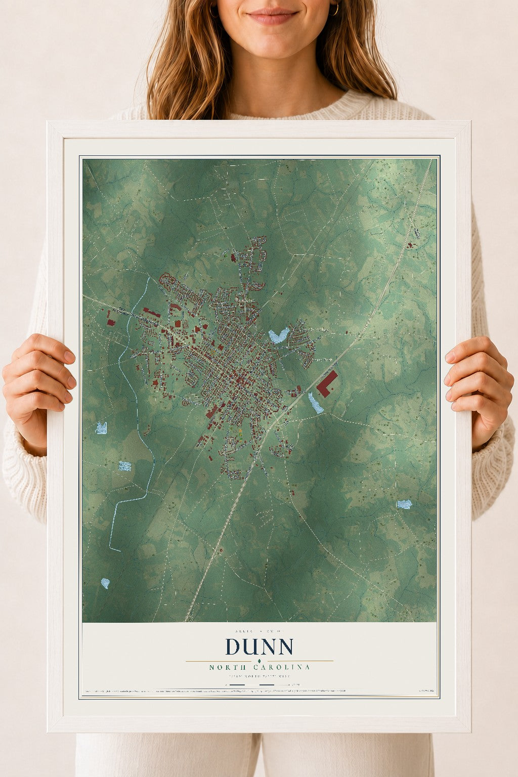Map of Dunn, North Carolina, 18 x 24 inch print in a white wood frame