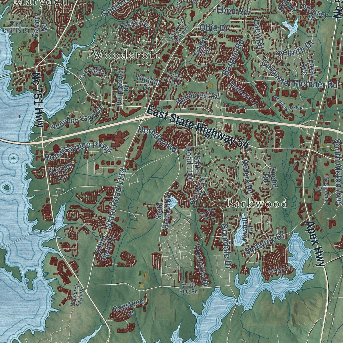 Second close-up of the map of Durham, North Carolina print showing more streets and buildings