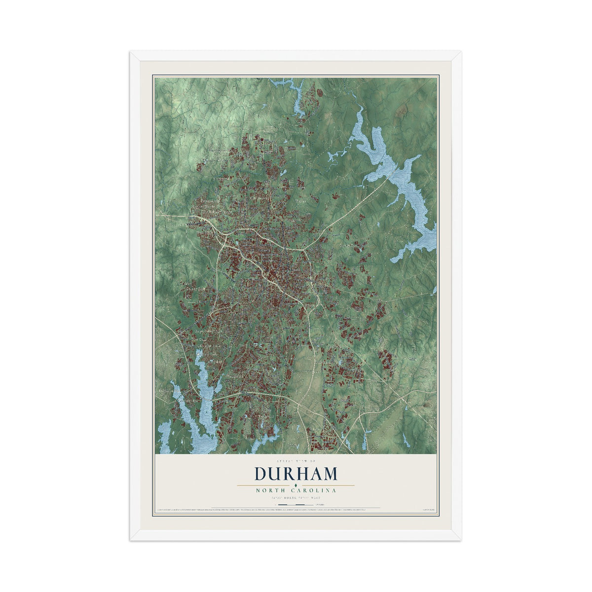 Map of Durham, North Carolina, 12 x 18 inch print in a white wood frame