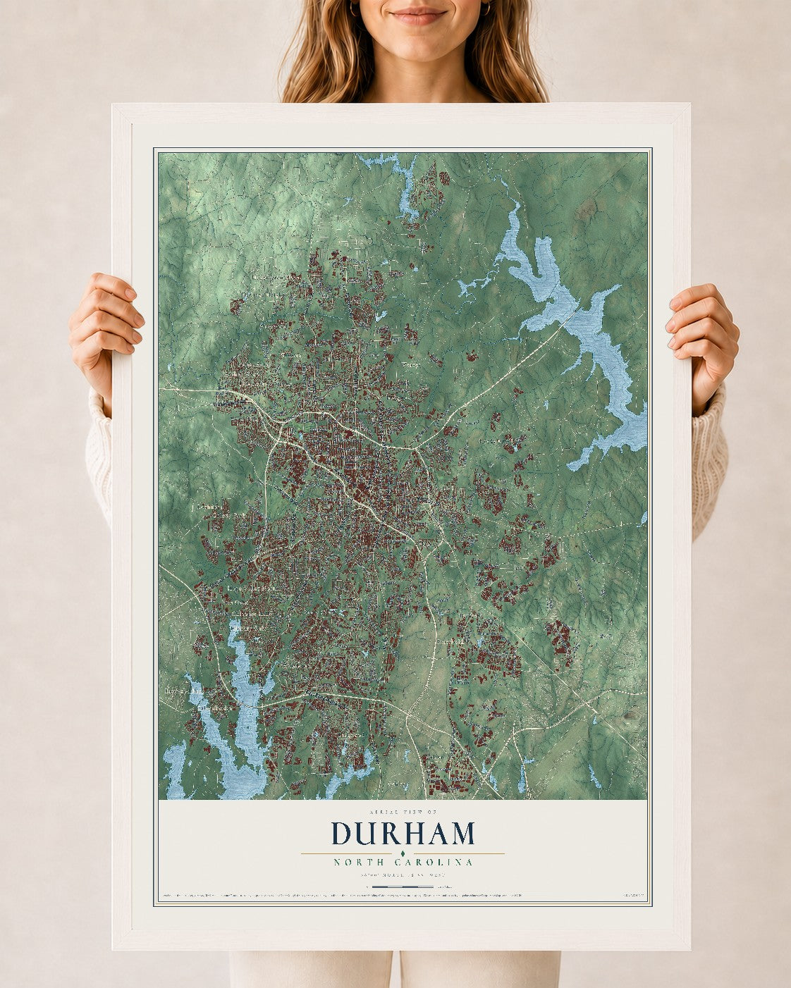 Map of Durham, North Carolina, 24 x 36 inch print in a white wood frame