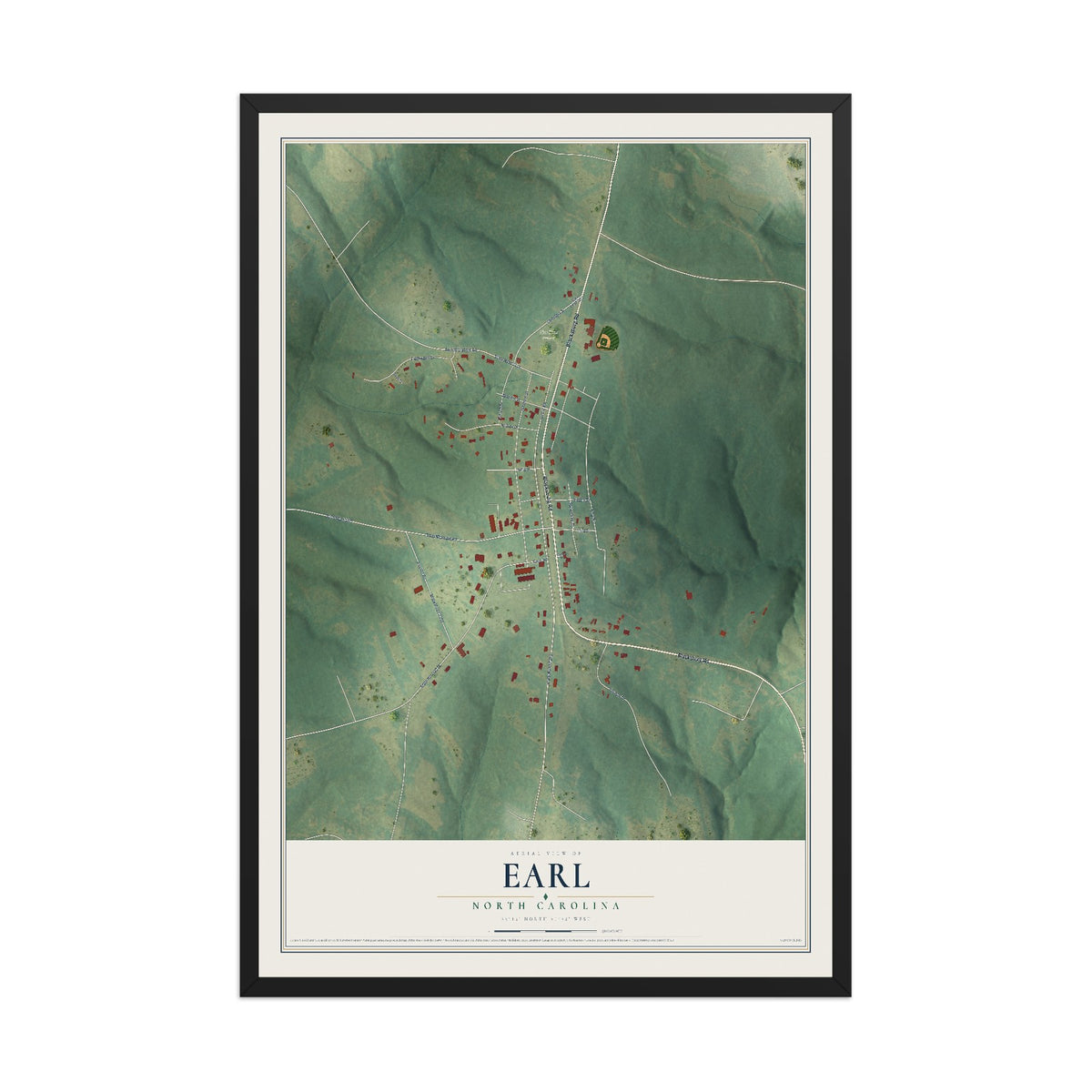 Map of Earl, North Carolina, 12 x 18 inch print in a black wood frame
