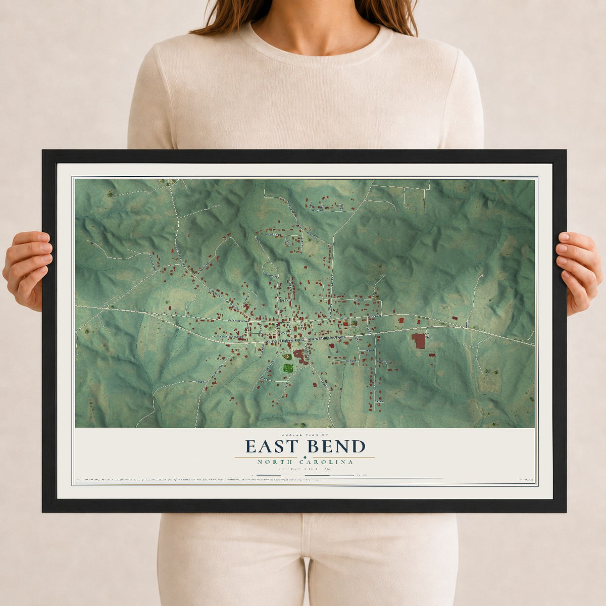 Map of East Bend, North Carolina, 12 x 18 inch print in a black wood frame