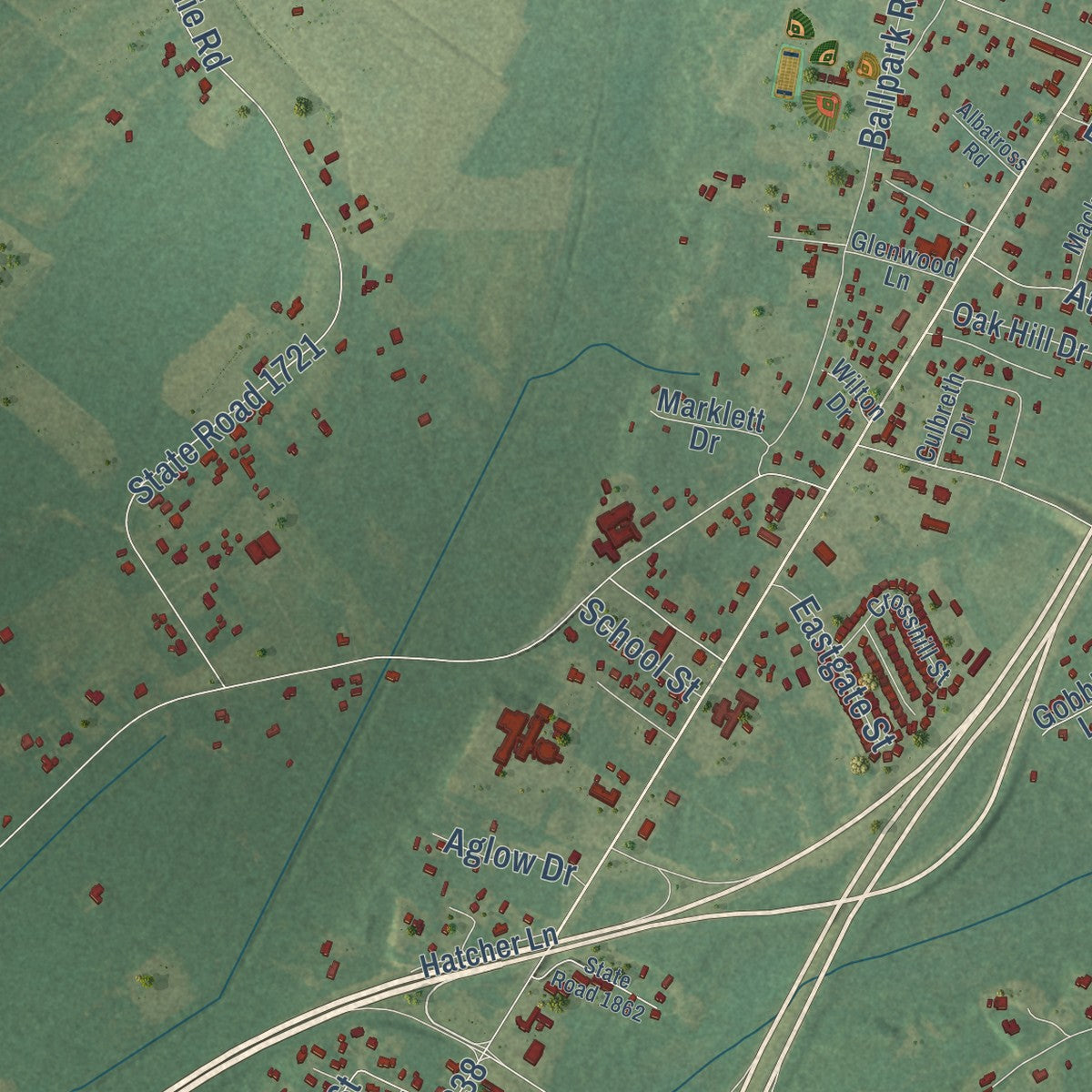 Close-up of the map of Eastover, North Carolina print showing street and building detail