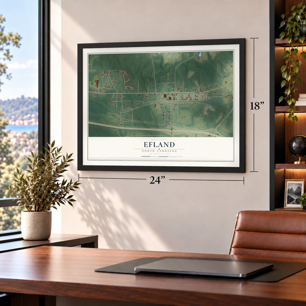 Efland, North Carolina map, 18 x 24 inch print in a black frame in a home office