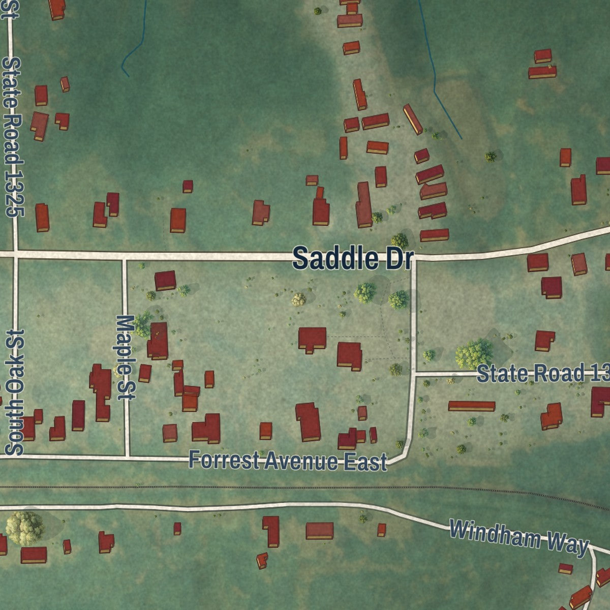 Close-up of the map of Efland, North Carolina print showing street and building detail