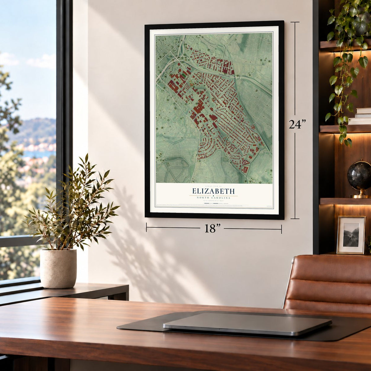 Elizabeth, North Carolina map, 18 x 24 inch print in a black frame in a home office
