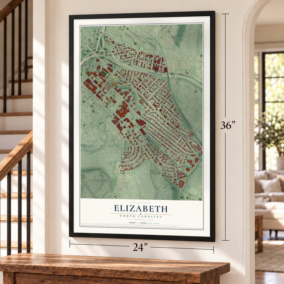 Elizabeth, North Carolina map, 24 x 36 inch print in a black frame by a staircase