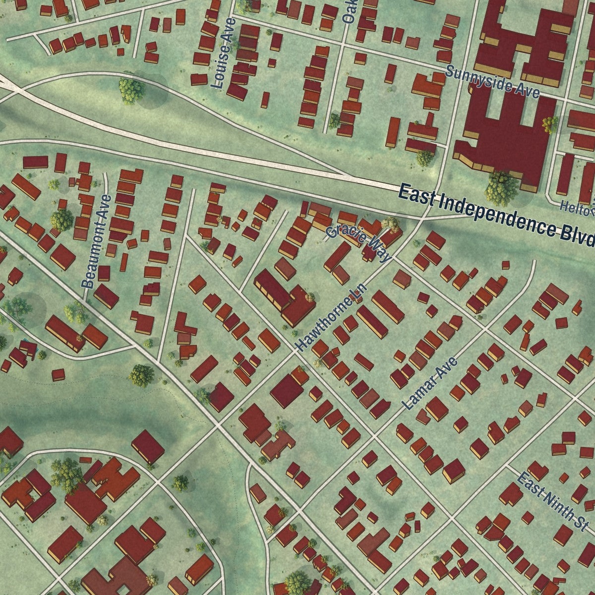 Close-up of the map of Elizabeth, North Carolina print showing street and building detail