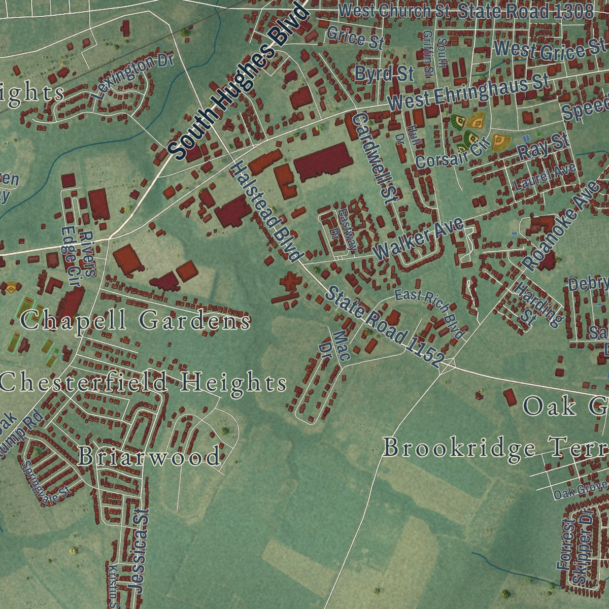 Close-up of the map of Elizabeth City, North Carolina print showing street and building detail