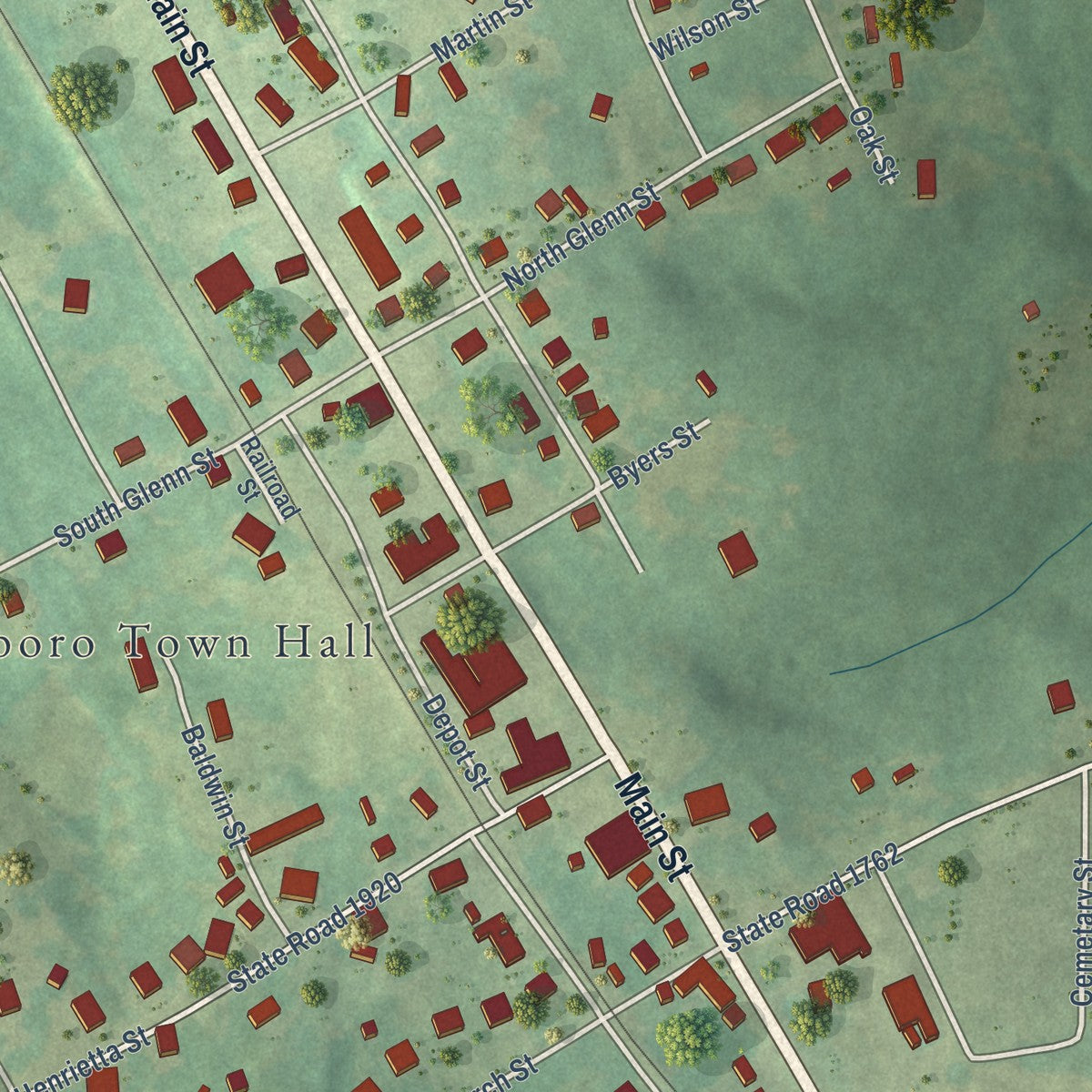 Close-up of the map of Ellenboro, North Carolina print showing street and building detail