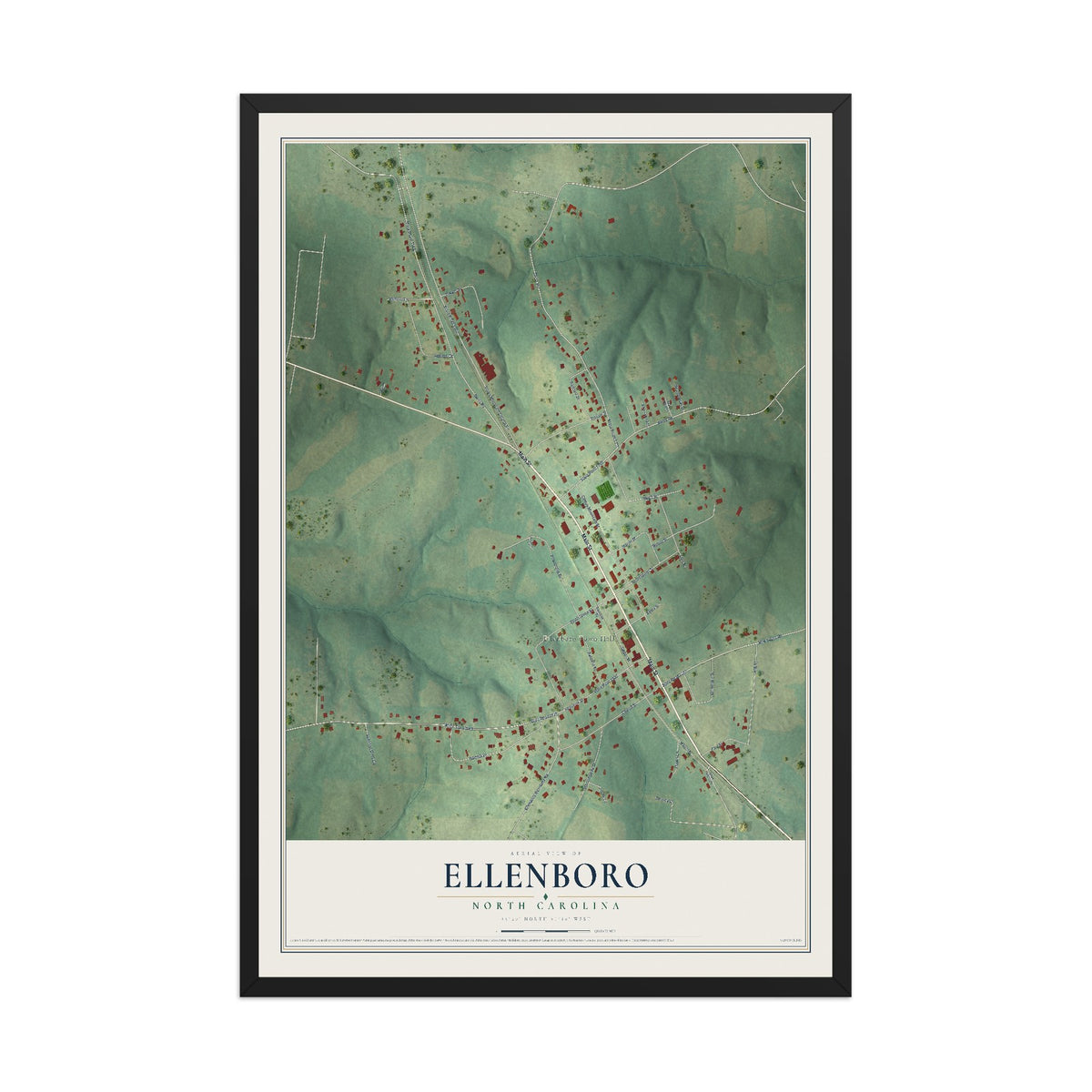Map of Ellenboro, North Carolina, 12 x 18 inch print in a black wood frame