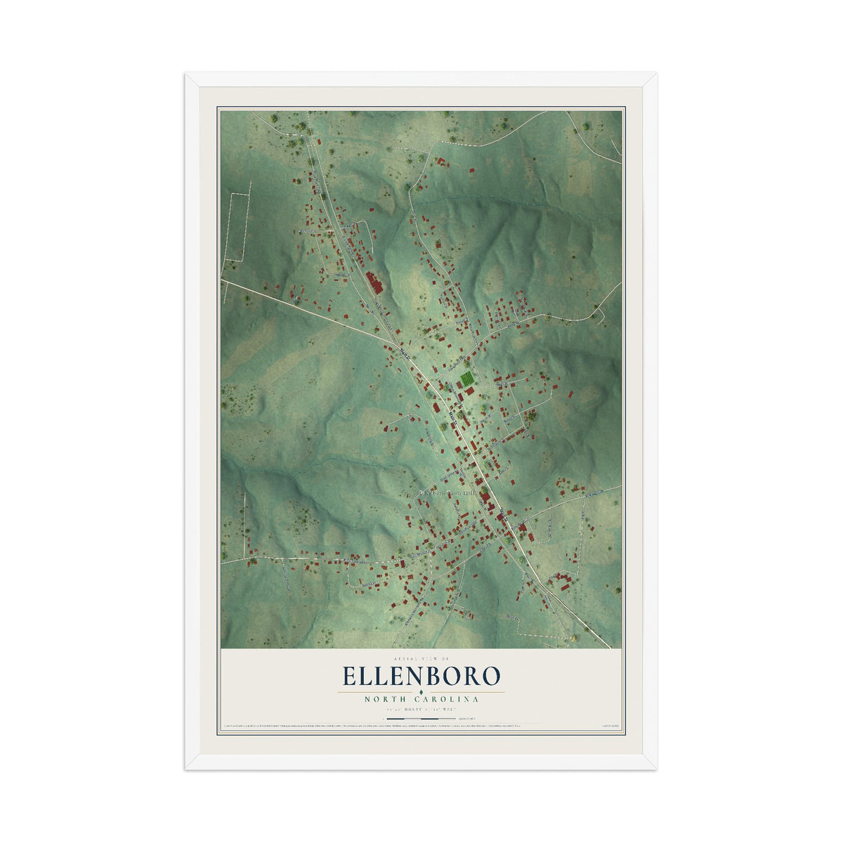 Map of Ellenboro, North Carolina, 12 x 18 inch print in a white wood frame
