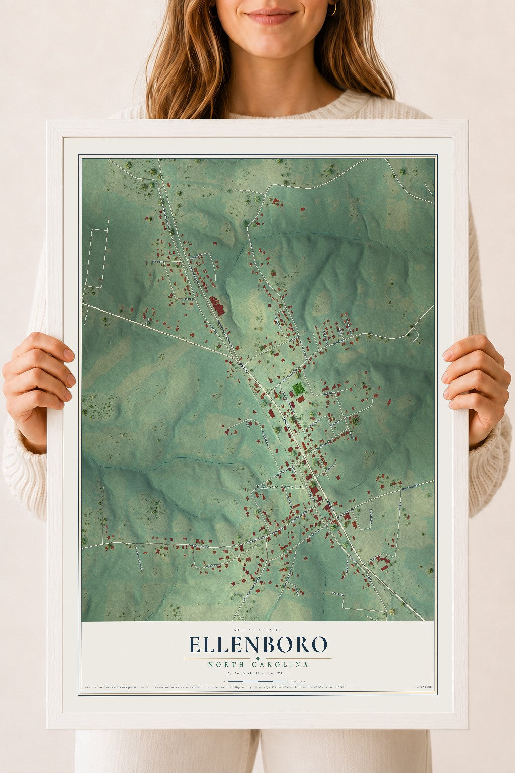Map of Ellenboro, North Carolina, 18 x 24 inch print in a white wood frame
