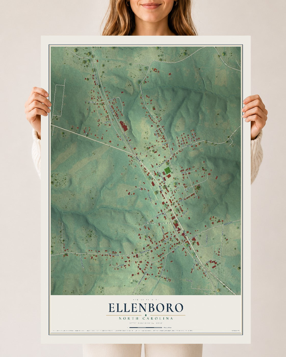 Map of Ellenboro, North Carolina, 24 x 36 inch unframed archival matte print