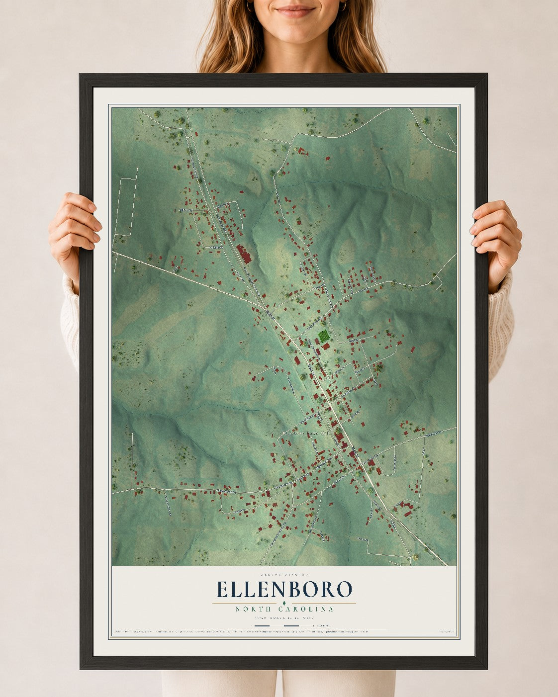 Map of Ellenboro, North Carolina, 24 x 36 inch print in a black wood frame