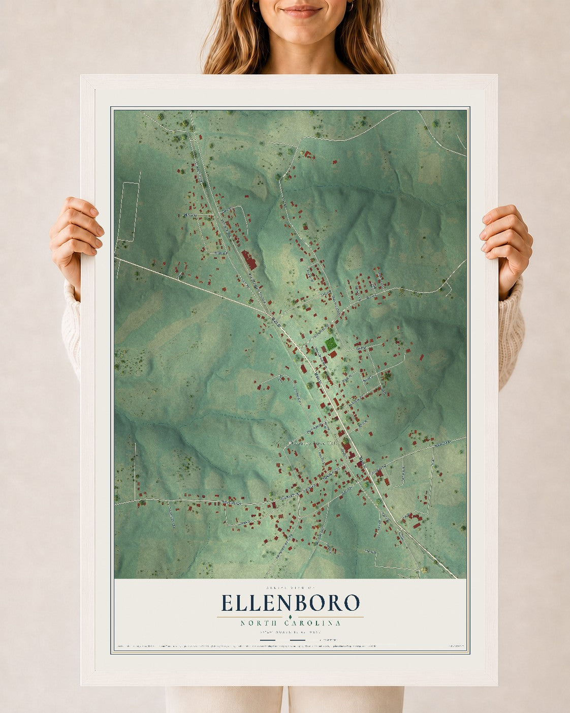 Map of Ellenboro, North Carolina, 24 x 36 inch print in a white wood frame