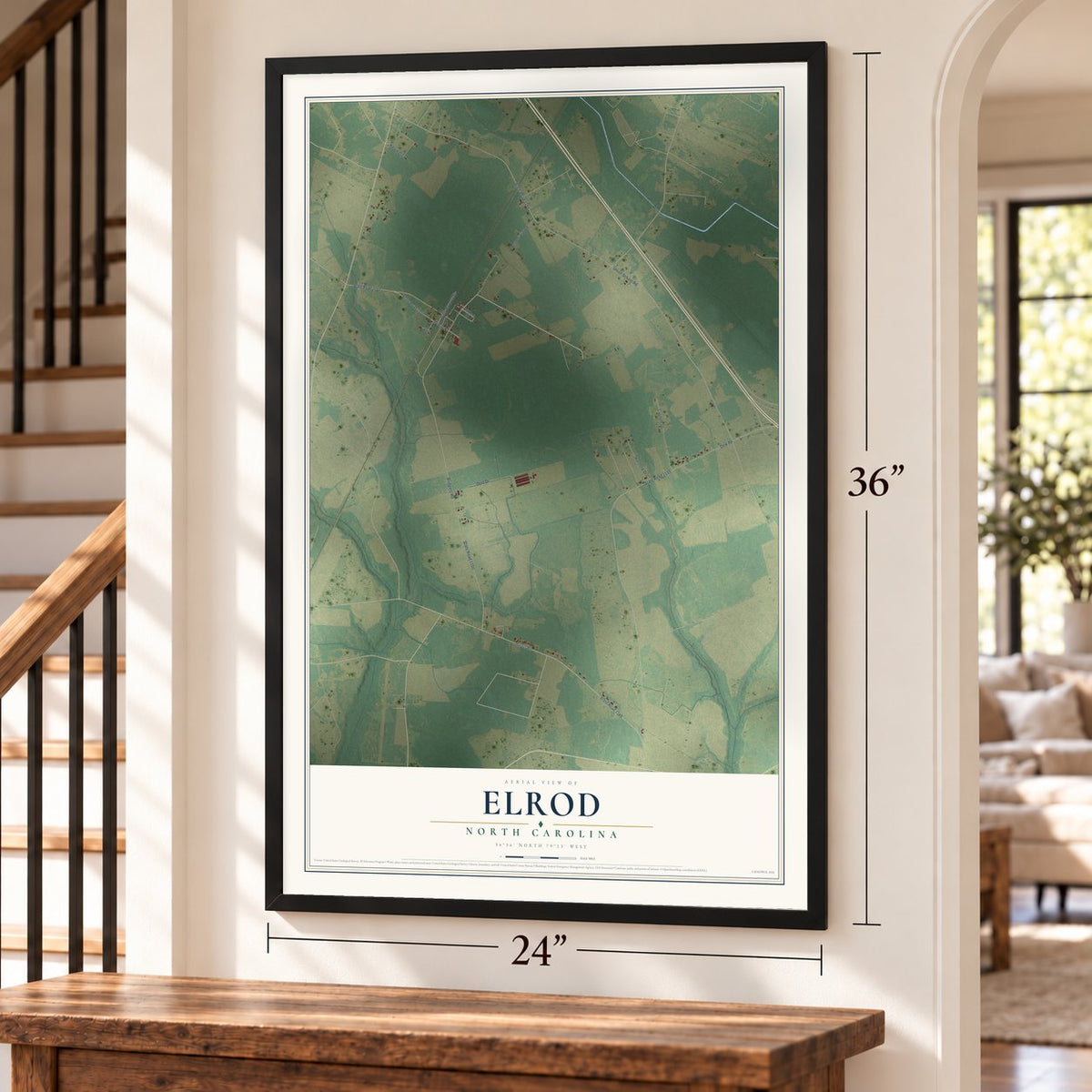 Elrod, North Carolina map, 24 x 36 inch print in a black frame by a staircase