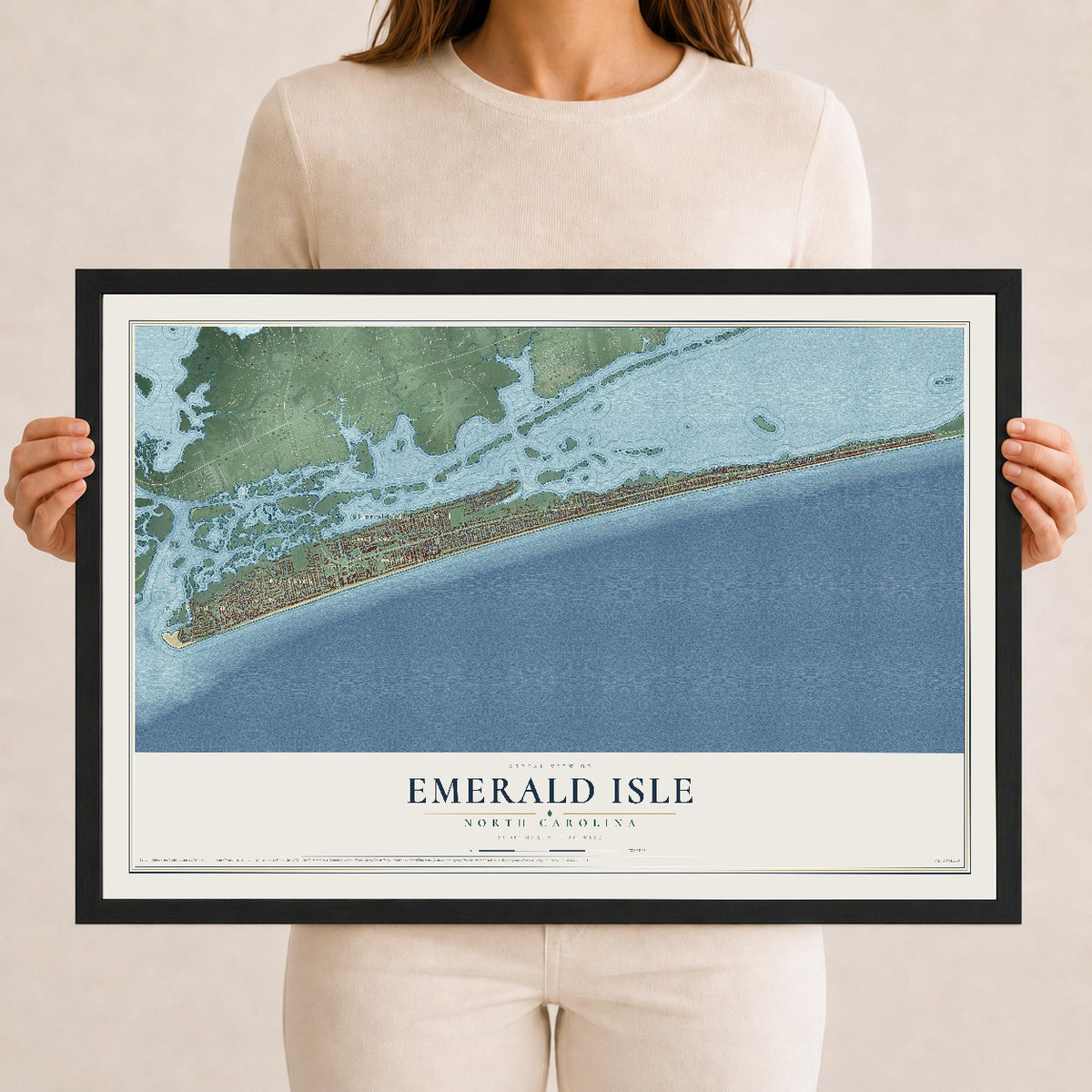 Map of Emerald Isle, North Carolina, 12 x 18 inch print in a black wood frame