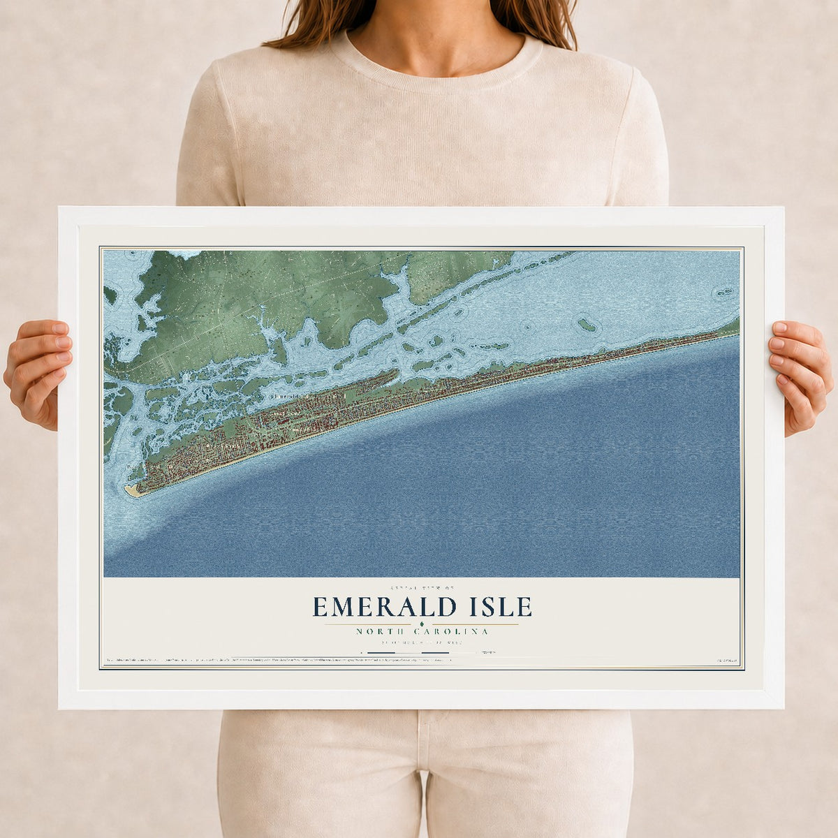 Map of Emerald Isle, North Carolina, 12 x 18 inch print in a white wood frame