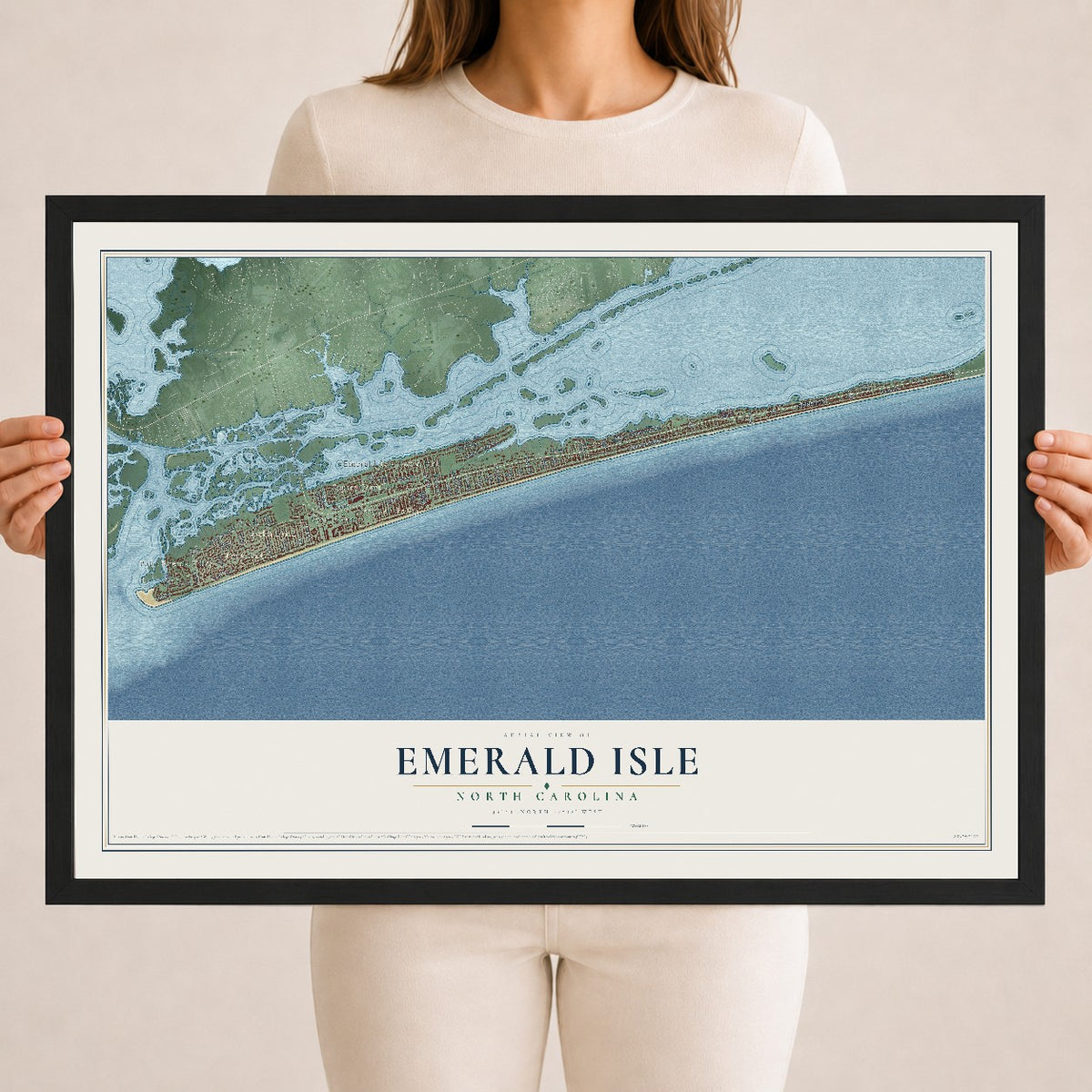 Map of Emerald Isle, North Carolina, 18 x 24 inch print in a black wood frame