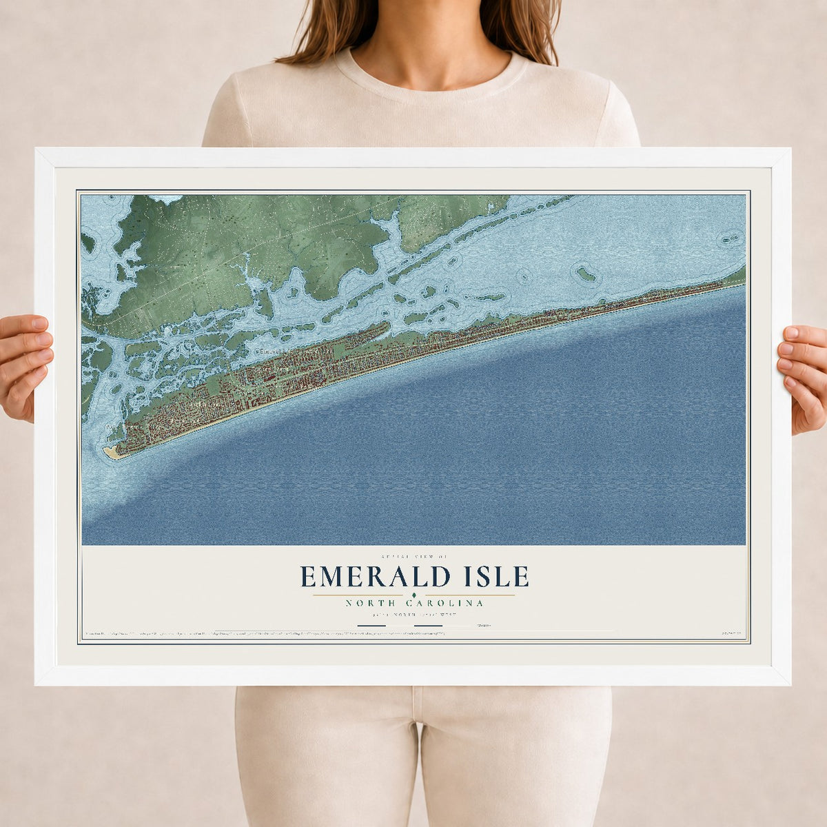 Map of Emerald Isle, North Carolina, 18 x 24 inch print in a white wood frame
