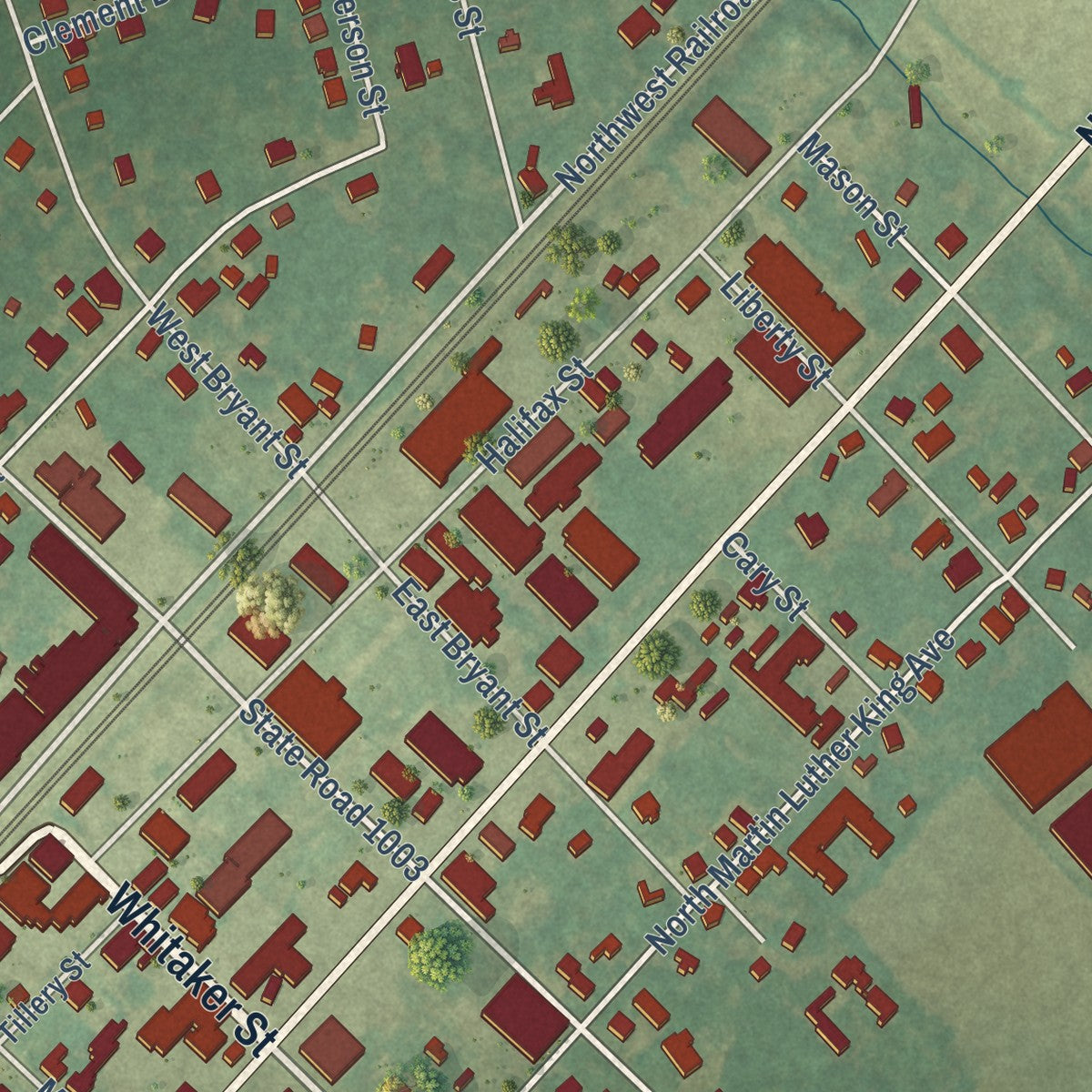 Close-up of the map of Enfield, North Carolina print showing street and building detail