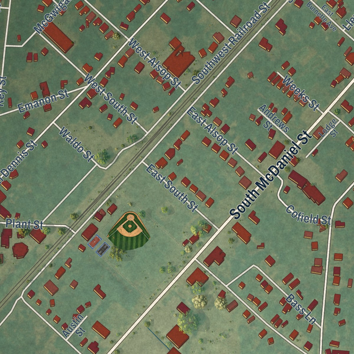 Second close-up of the map of Enfield, North Carolina print showing more streets and buildings