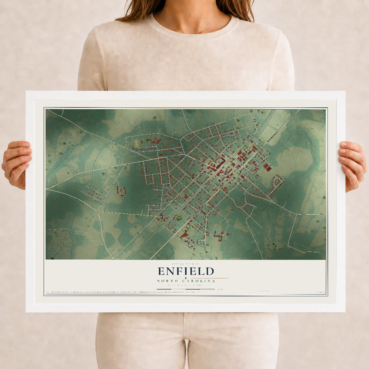 Map of Enfield, North Carolina, 12 x 18 inch print in a white wood frame