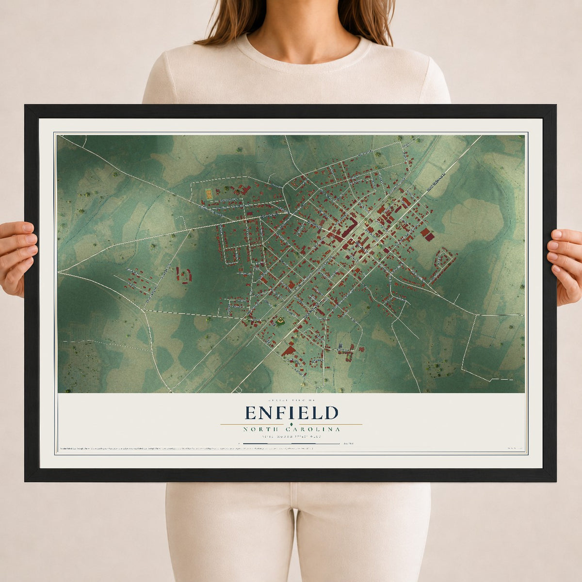 Map of Enfield, North Carolina, 18 x 24 inch print in a black wood frame