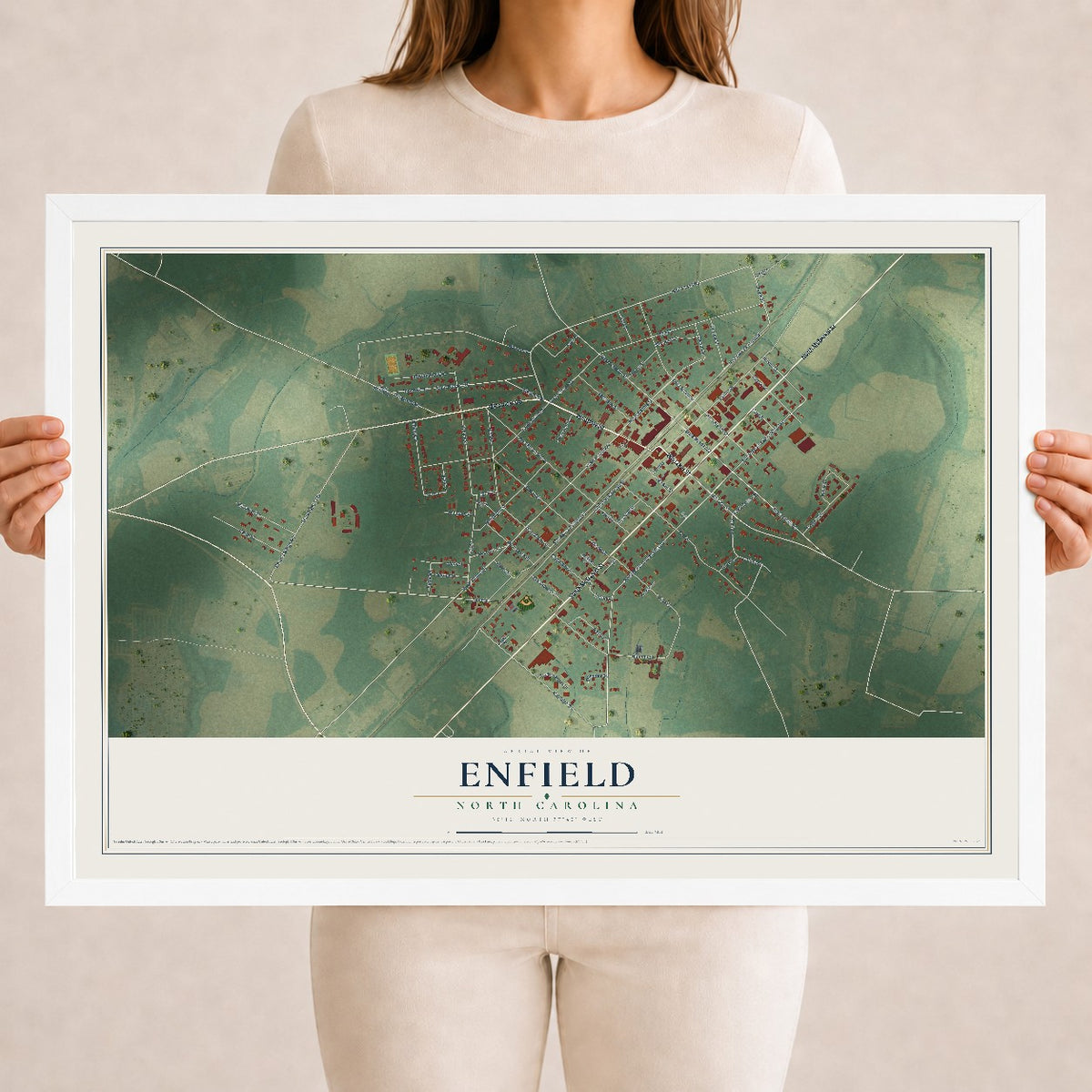 Map of Enfield, North Carolina, 18 x 24 inch print in a white wood frame