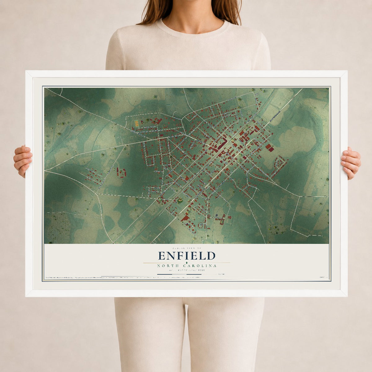Map of Enfield, North Carolina, 24 x 36 inch print in a white wood frame