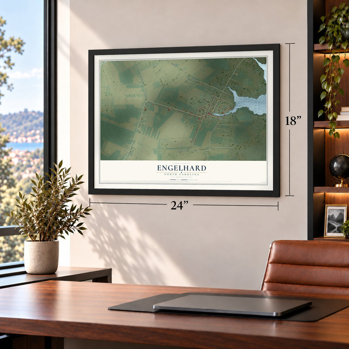 Engelhard, North Carolina map, 18 x 24 inch print in a black frame in a home office